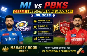 Read more about the article MI vs PBKS Dream11 Prediction Today Match 24th, IPL 2026 – Fantasy Team, Playing XI, Pitch Report & Player Stats | Mahadev Book Guide