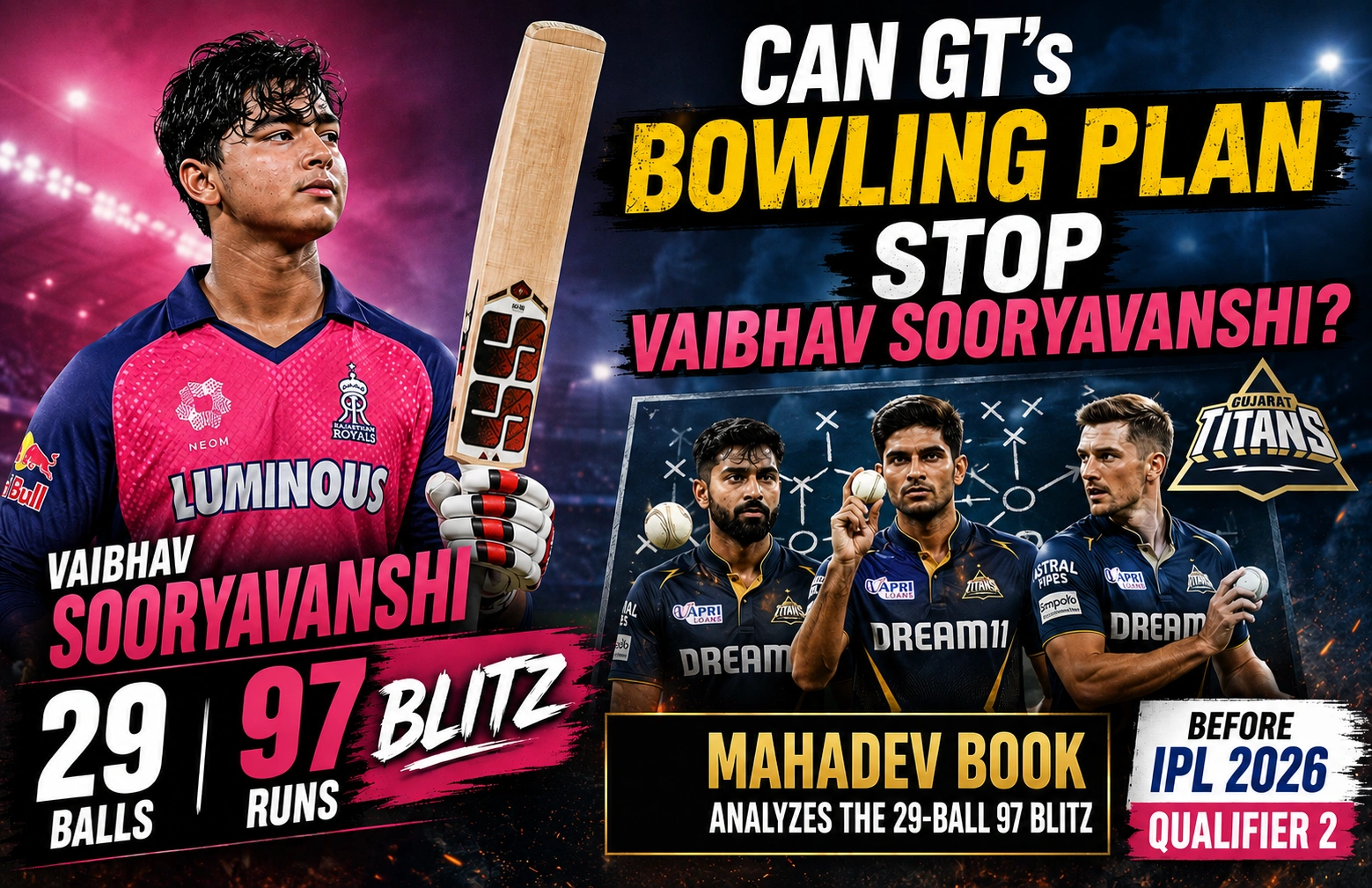 Read more about the article Can GT’s Bowling Plan Stop Vaibhav Sooryavanshi? Mahadev Book Analyzes the 29-Ball 97 Blitz Before IPL 2026 Qualifier 2