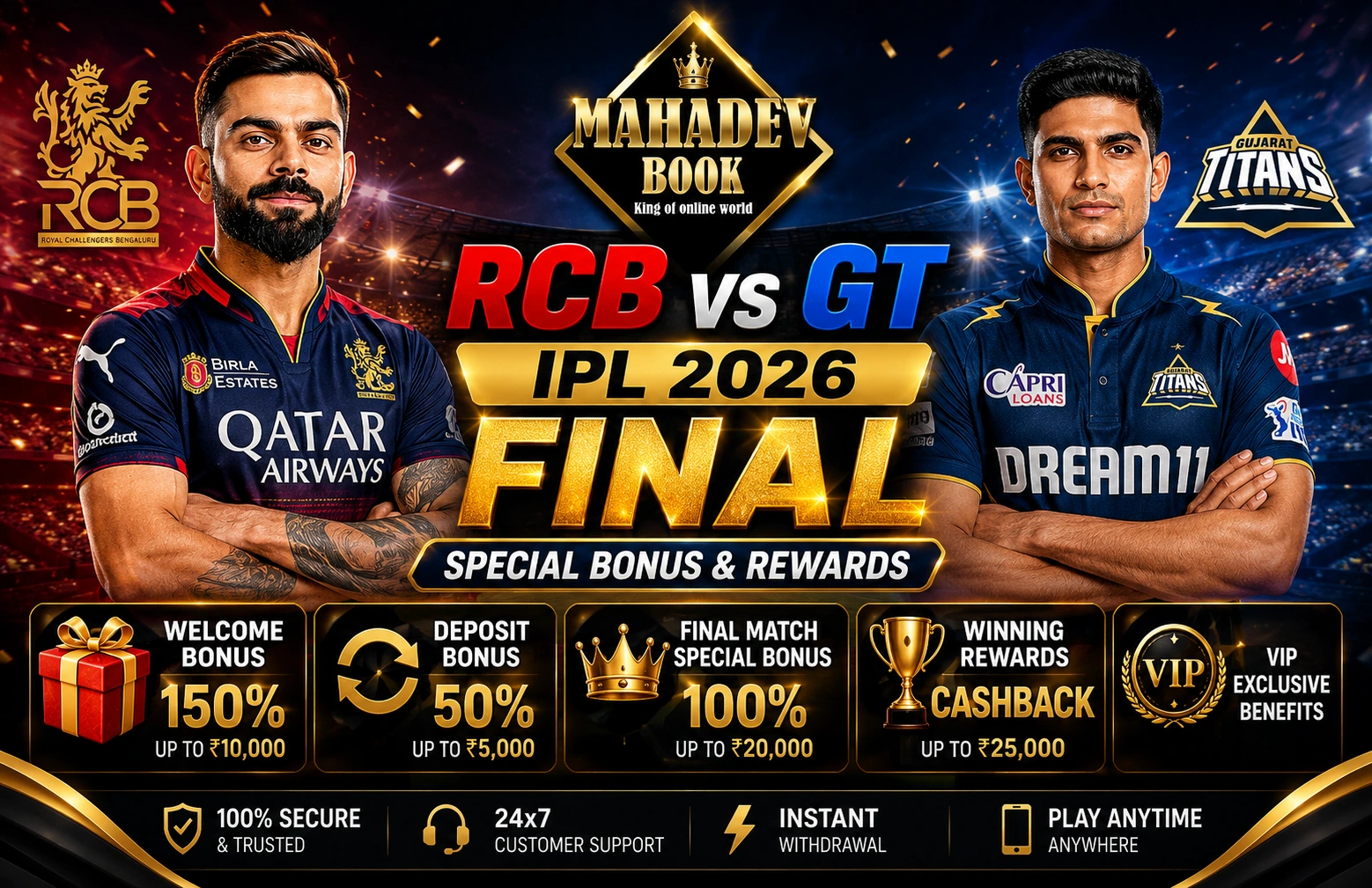 You are currently viewing RCB vs GT IPL 2026 Final Special Bonus & Rewards on Mahadev Book